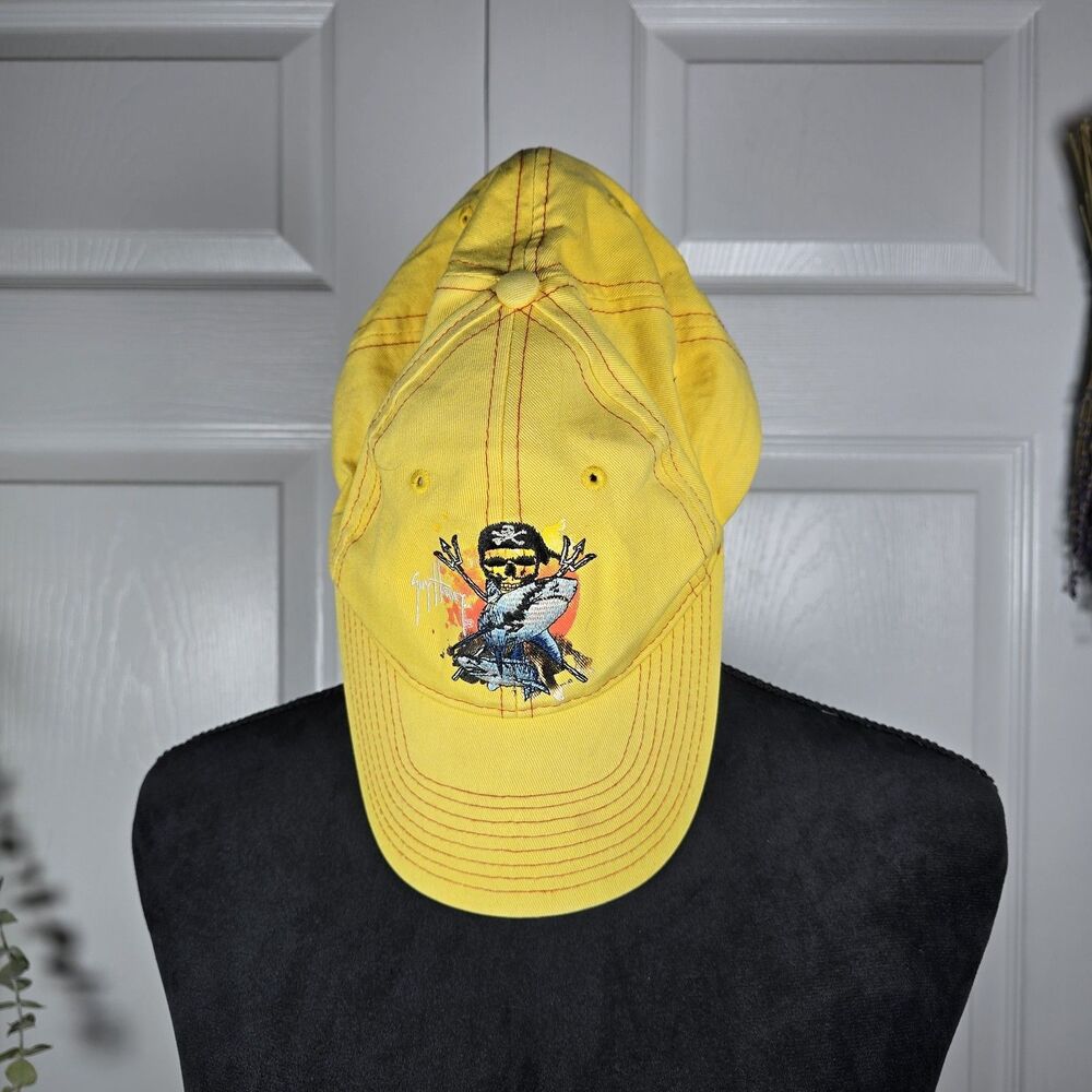 Guy Harvey Sharks Pirate Skull Adjustable Hat Cap Cotton Fish Crossbones Yellow